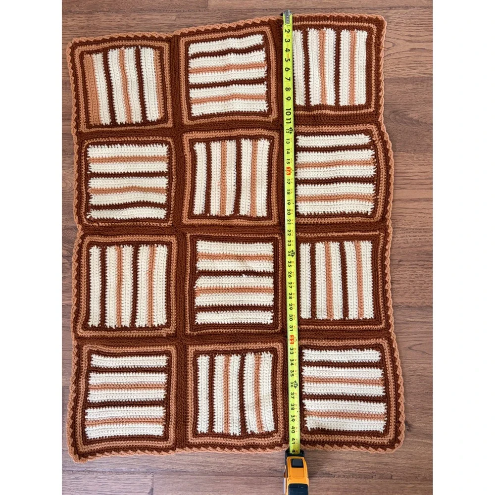 Vintage Handmade Crochet Patchwork Throw Blanket Brown Cream Geometric 41x31